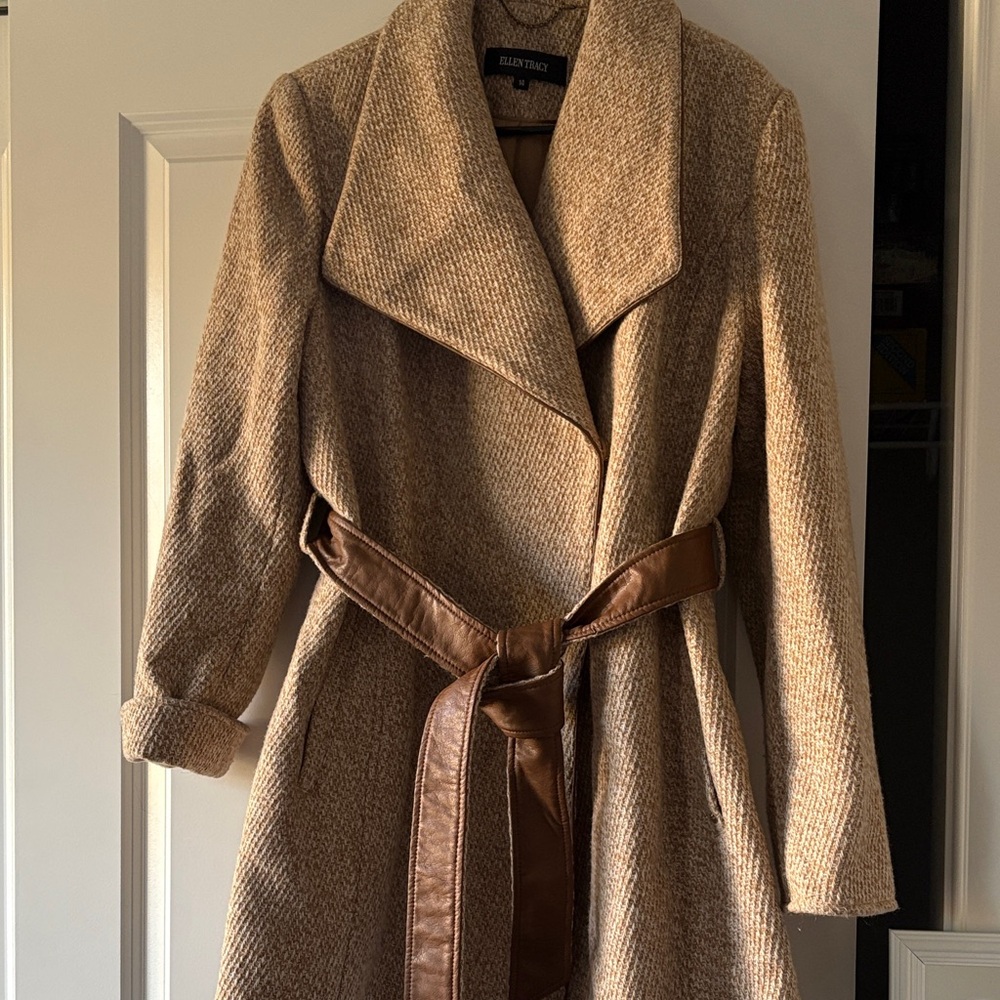 Ellen Tracy Textured Tan Trench Coat with Brown Belt